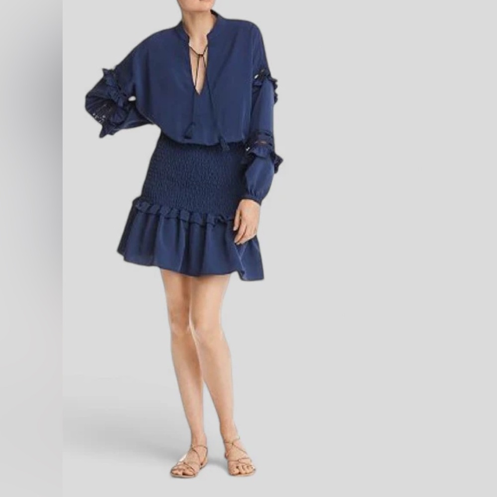 Blue Smocked dress with Ruffled Hem and 3/4 Bishop Sleeves